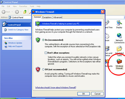 Windows Firewall nustatymai programai FileZilla